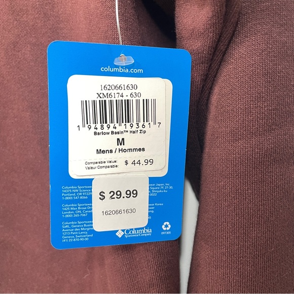 NWT Columbia Men’s Barlow Basin Half Zip Long Sleeve Pullover Size M Burgandy - Picture 2 of 5